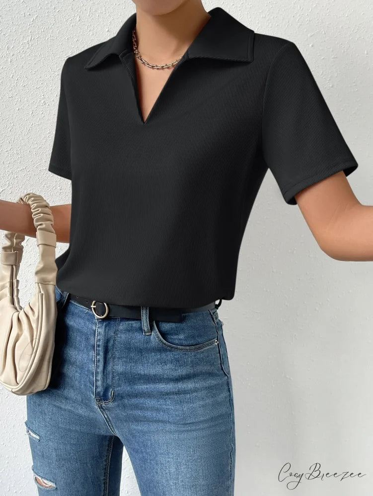 Solid Ribbed Knit Tee Black / XS