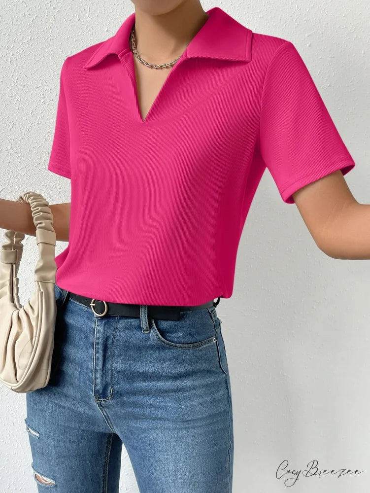 Solid Ribbed Knit Tee Hot Pink / XS