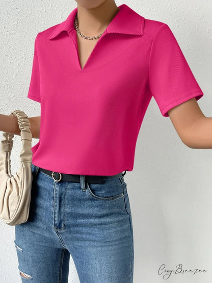 Solid Ribbed Knit Tee Hot Pink / XS