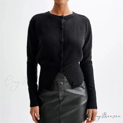 Solid Round Neck Single Breasted Y2K Style Knit Cardigan Black / S cardiagn-250126