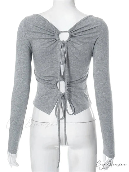 Solid Round Neck Spring Fall Backless Long Sleeve Drawstring T-Shirts