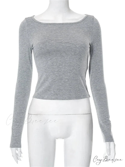 Solid Round Neck Spring Fall Backless Long Sleeve Drawstring T-Shirts GREY / S