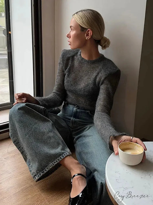 Solid Round Neck Thin Bodycon Sweater Grey / S swraters-241228