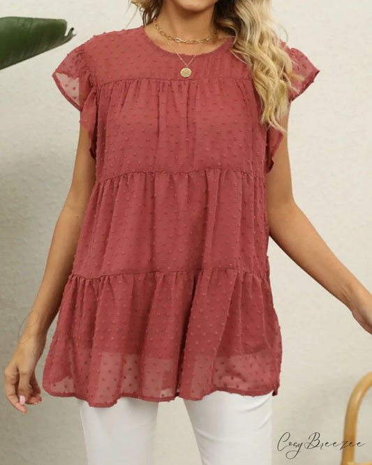 Solid Ruffle Color Arm Blouse Red / S