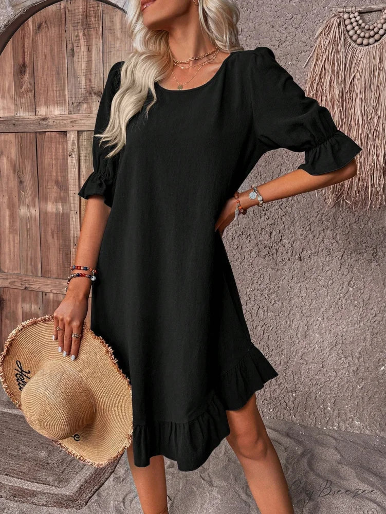 Solid Ruffle Hem Smock Dress