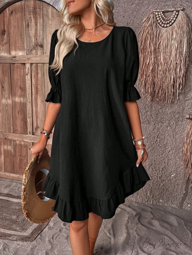 Solid Ruffle Hem Smock Dress Black / S