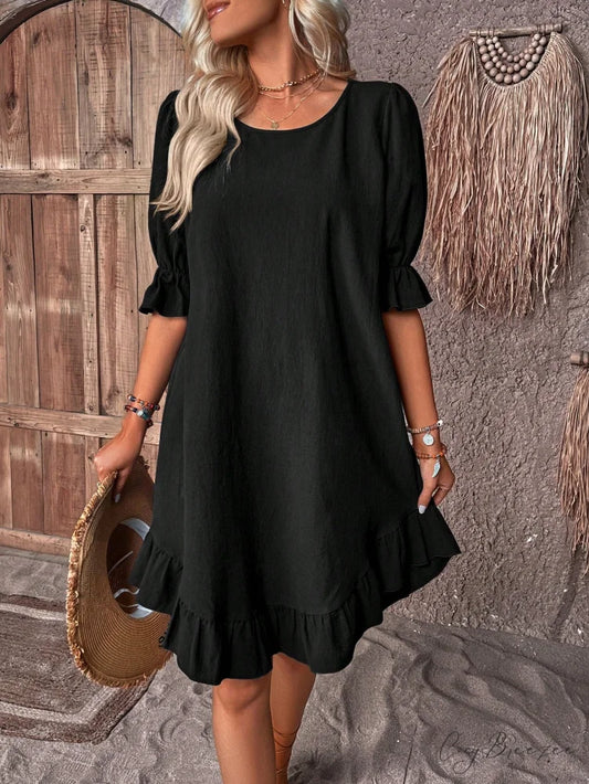 Solid Ruffle Hem Smock Dress Black / S
