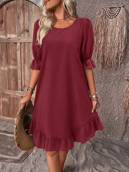 Solid Ruffle Hem Smock Dress Burgundy / S