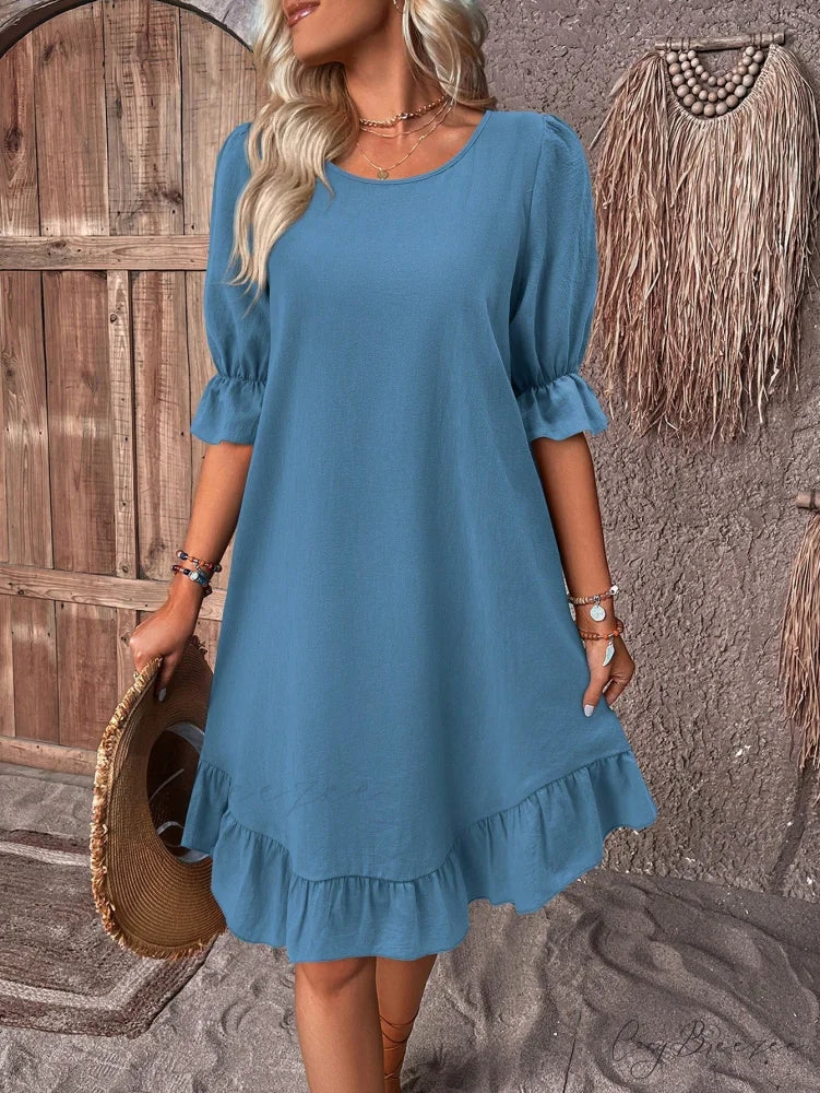 Solid Ruffle Hem Smock Dress Dusty Blue / S