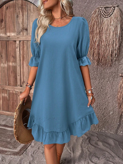 Solid Ruffle Hem Smock Dress Dusty Blue / S