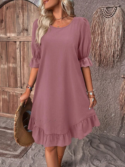 Solid Ruffle Hem Smock Dress Dusty Pink / S
