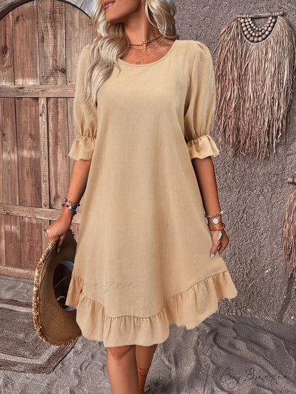 Solid Ruffle Hem Smock Dress Khaki / S