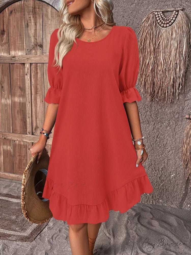 Solid Ruffle Hem Smock Dress Red / S