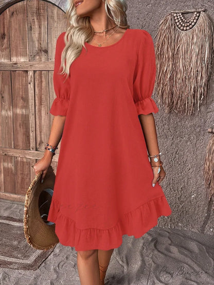 Solid Ruffle Hem Smock Dress Red / S