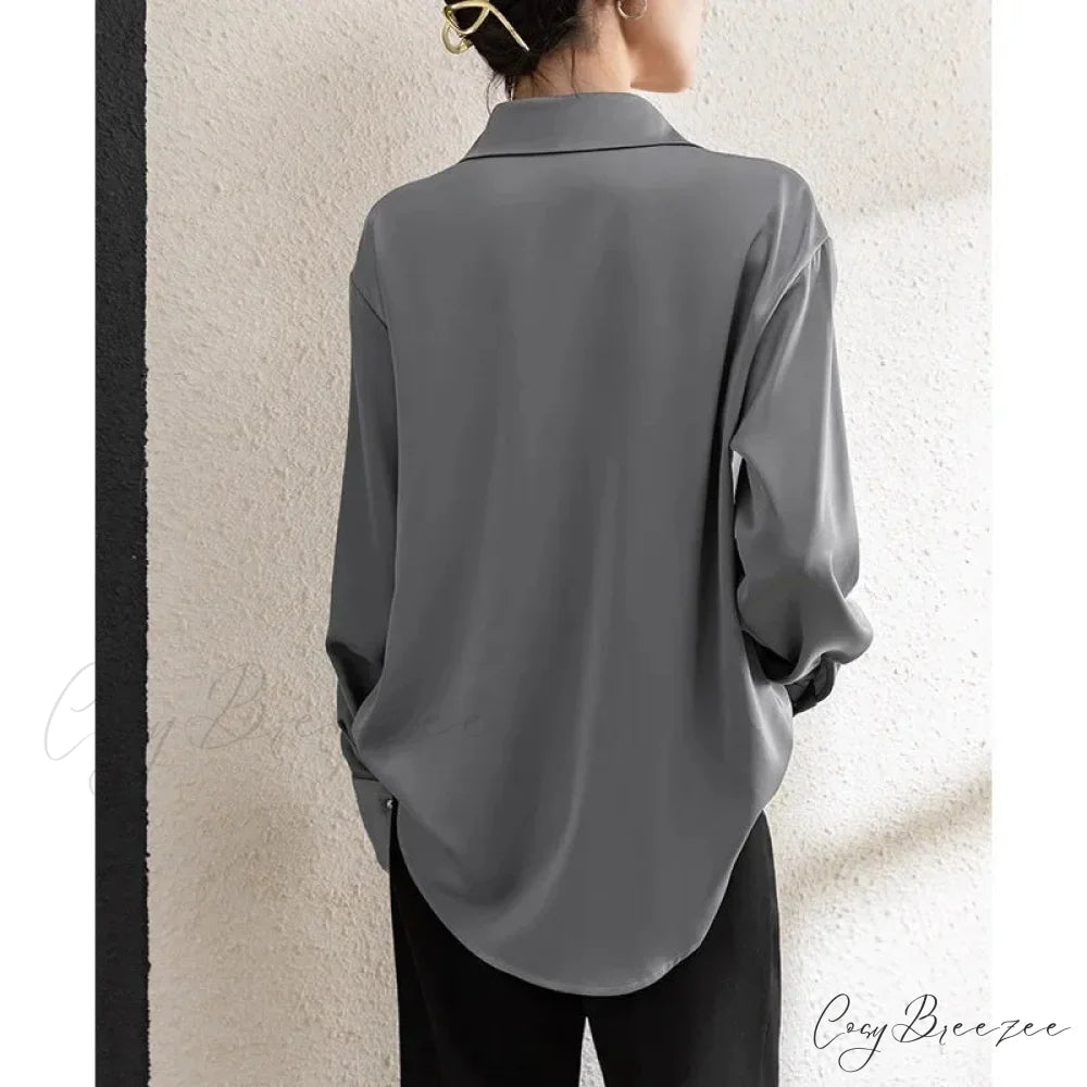 Solid Satin Drape Loose Long Sleeve Office Lady Crop Top blouse-250126