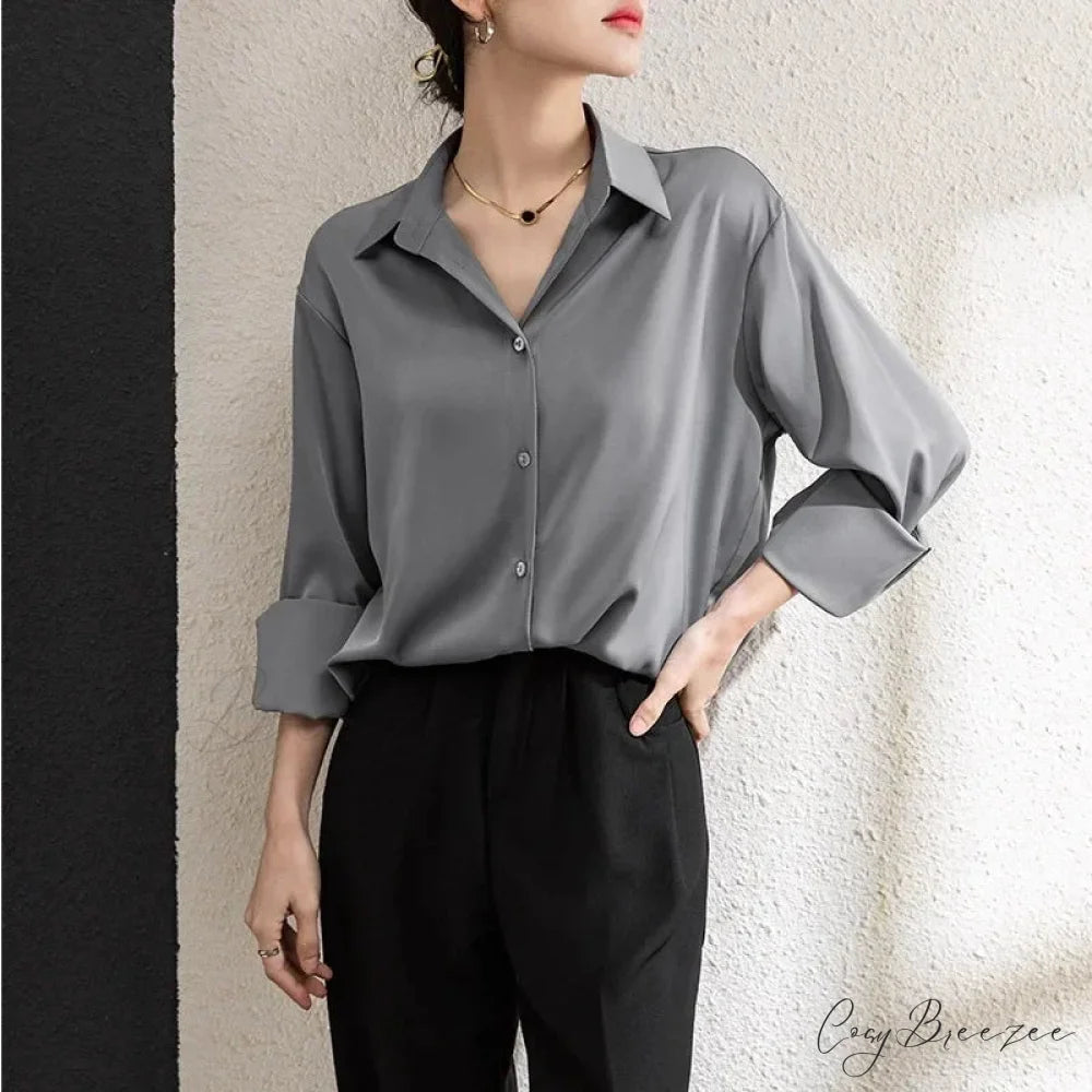 Solid Satin Drape Loose Long Sleeve Office Lady Crop Top blouse-250126