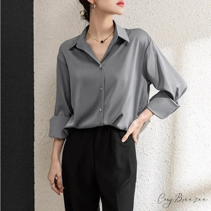 Solid Satin Drape Loose Long Sleeve Office Lady Crop Top blouse-250126