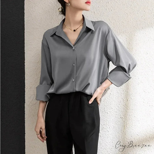 Solid Satin Drape Loose Long Sleeve Office Lady Crop Top blouse-250126