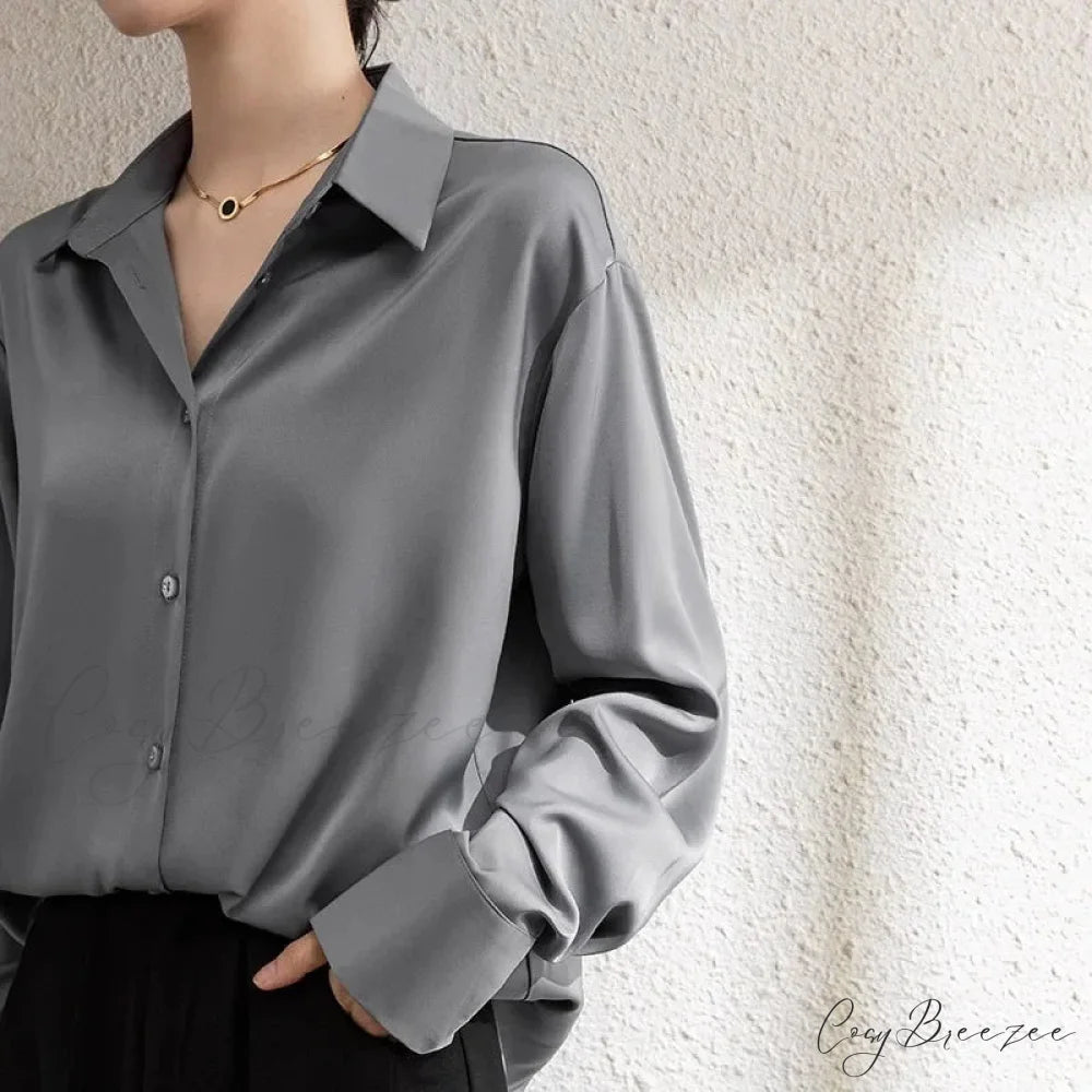 Solid Satin Drape Loose Long Sleeve Office Lady Crop Top blouse-250126