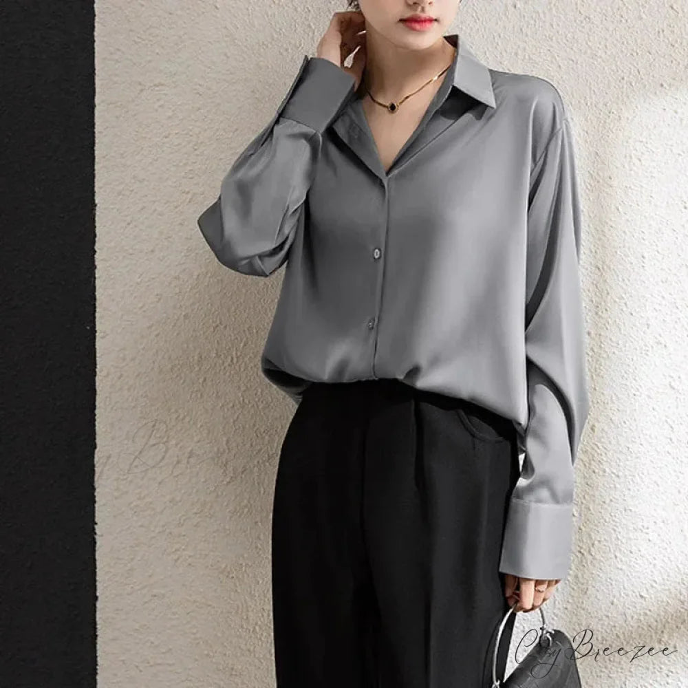 Solid Satin Drape Loose Long Sleeve Office Lady Crop Top blouse-250126