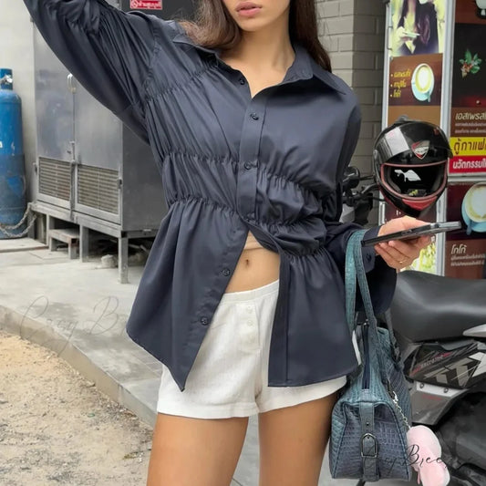 Solid Scrunched Collar Shirt Navy Blue / S blouse-250223
