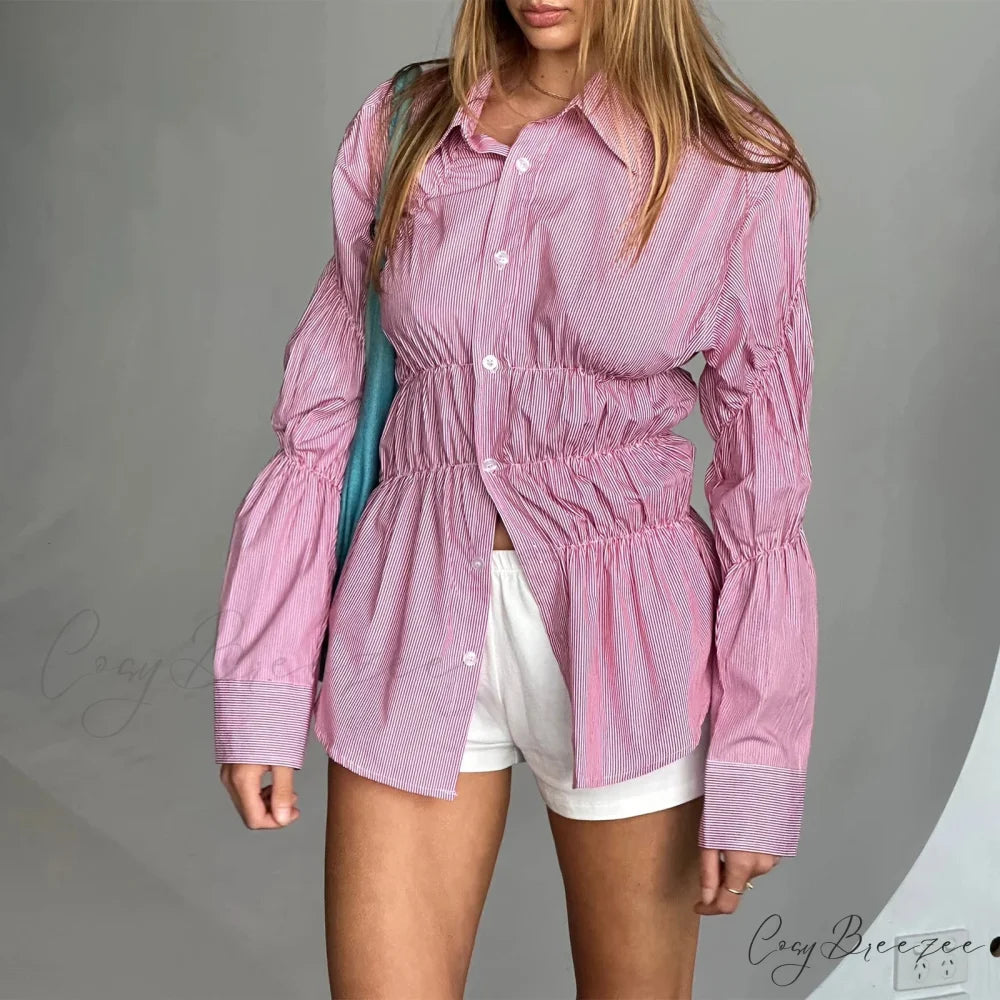 Solid Scrunched Collar Shirt Pink / S blouse-250223
