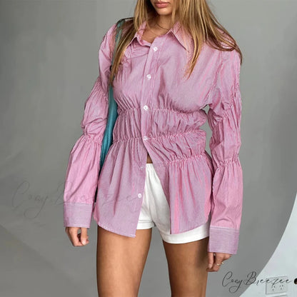 Solid Scrunched Collar Shirt Pink / S blouse-250223
