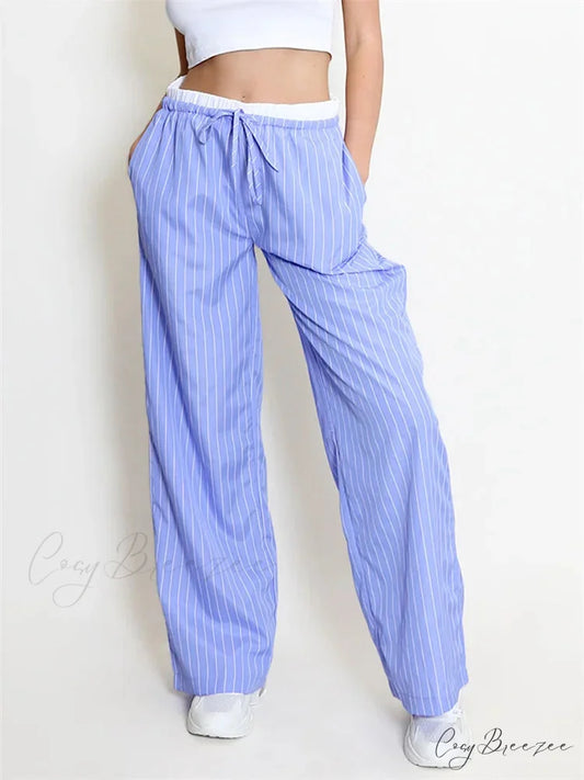 Solid Shade Frilled Low-Waist Elastic Bell Pant BLUE / S pant-250223