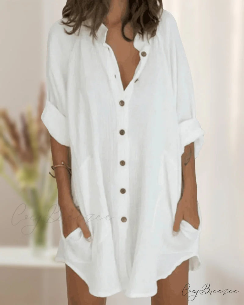 Solid Shirt Dress with Button Pocket