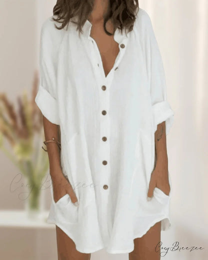 Solid Shirt Dress with Button Pocket