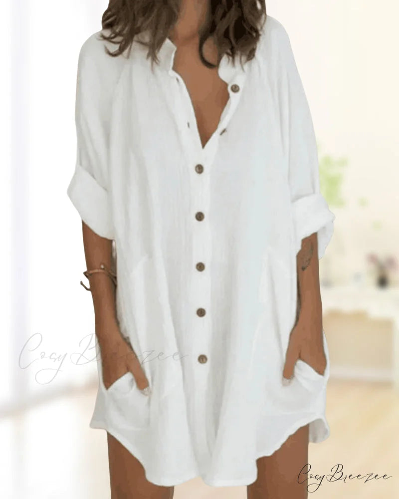 Solid Shirt Dress with Button Pocket