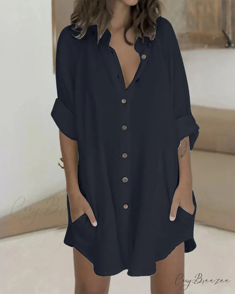Solid Shirt Dress with Button Pocket Black / S