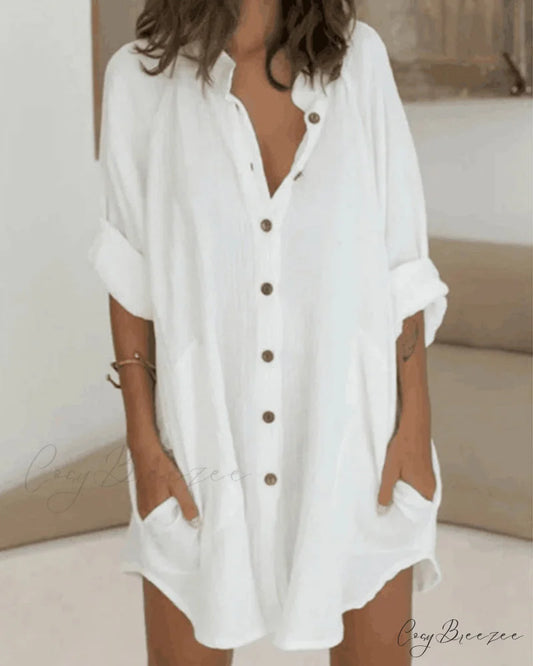 Solid Shirt Dress with Button Pocket White / S