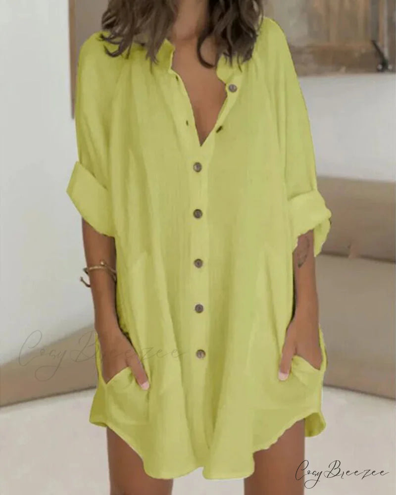 Solid Shirt Dress with Button Pocket Yellow / S
