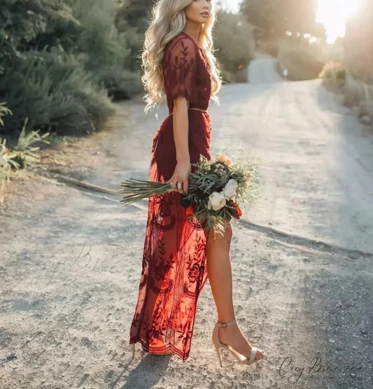 Solid Short Sleeve Lace V-neck Loose Maxi Boho Dress claret / One Size bohodress-250126
