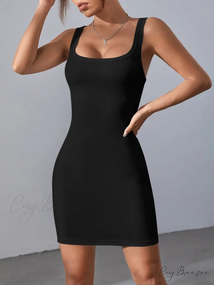 Solid Square Neck Tank Dress Black / XS