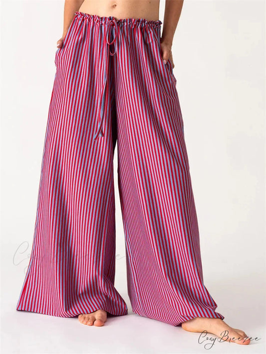 Solid/Striped Loose Drawstring Relaxed Wide Pant PINK / S pant-250223