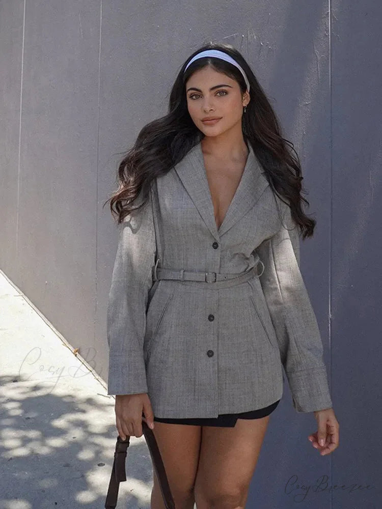 Solid Suit Coat with Belt V-Neck Lapel Coat coats-241228