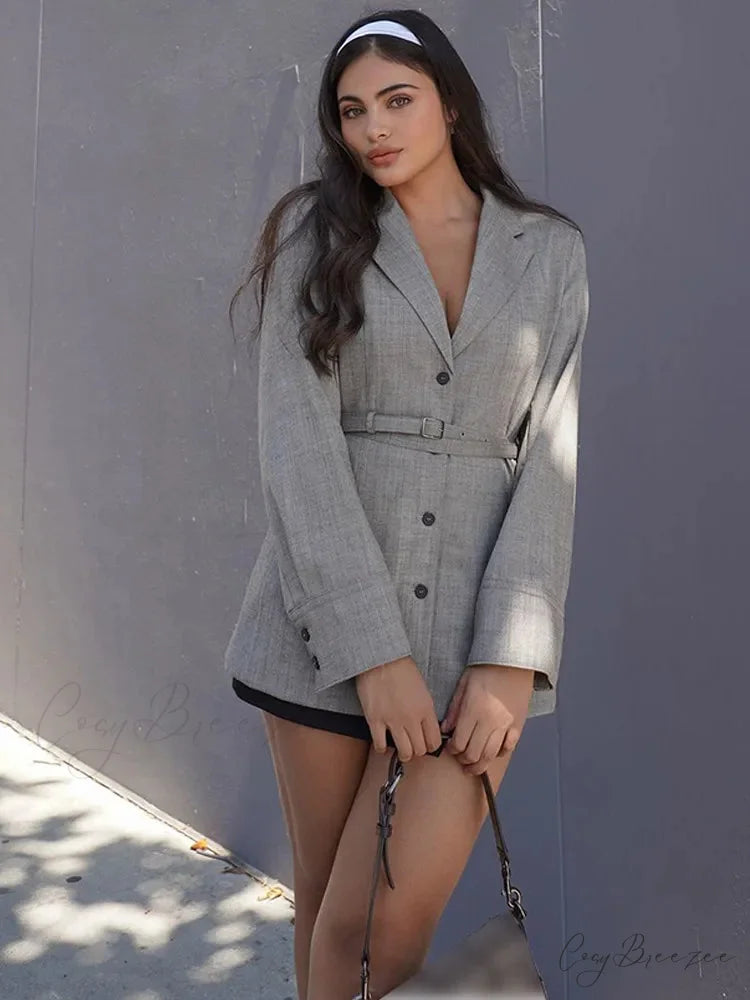 Solid Suit Coat with Belt V-Neck Lapel Coat Grey / S coats-241228