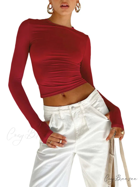 solid T-shirt neck color slimming Women’s long-sleeved round top Red / S