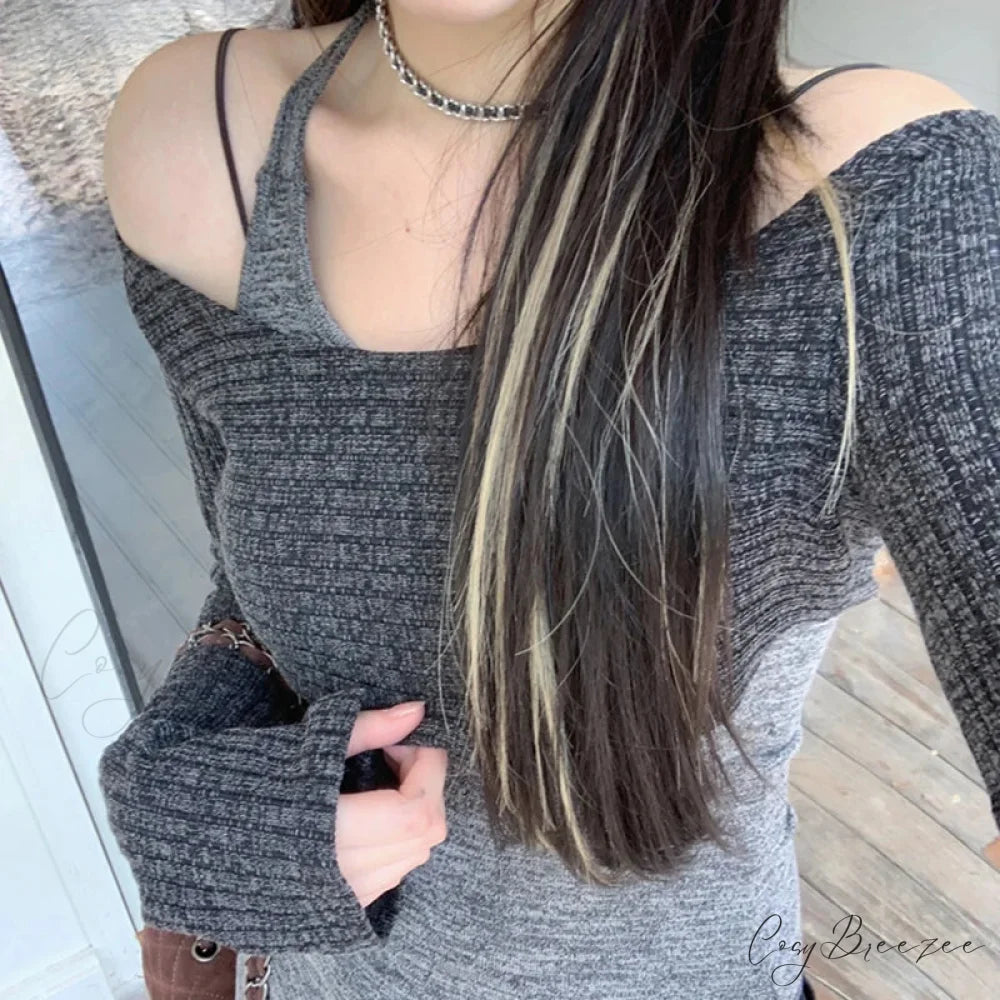 Solid Tank Tie-Up Halter Backless Long Sleeve Knit Top knittop-250126
