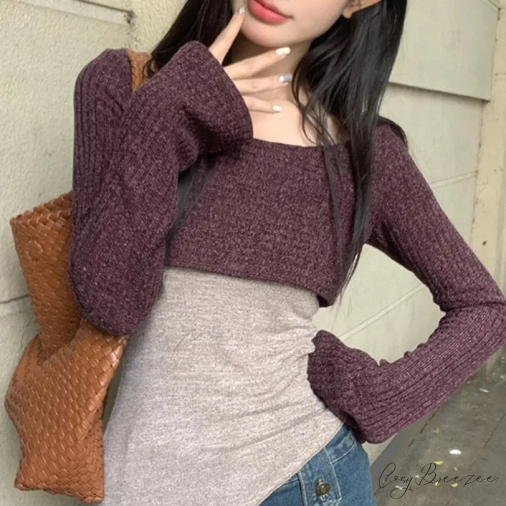Solid Tank Tie-Up Halter Backless Long Sleeve Knit Top PURPLE / One Size knittop-250126