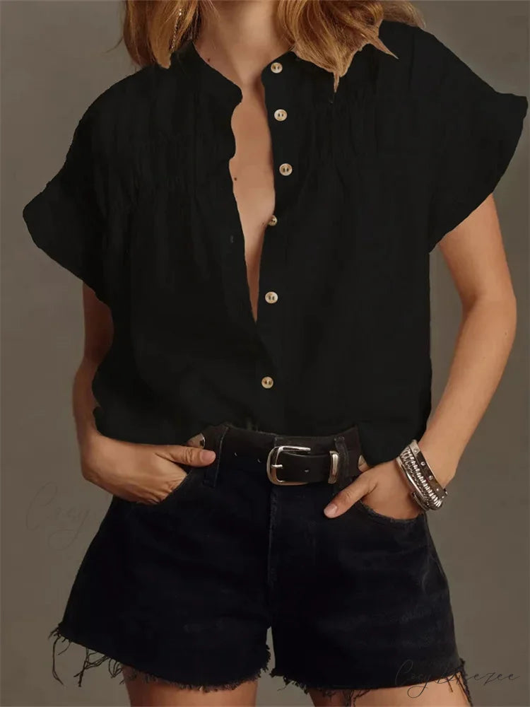 Solid Tone Ruffle Short Sleeve Shirt black / S blouse-250223