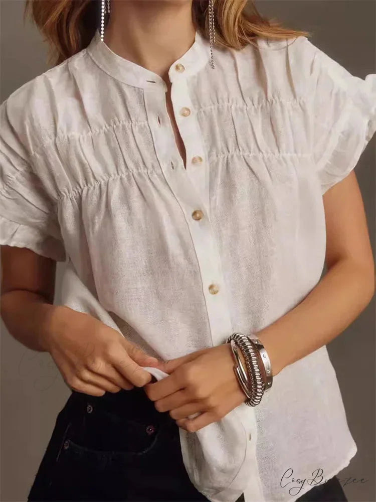 Solid Tone Ruffle Short Sleeve Shirt blouse-250223