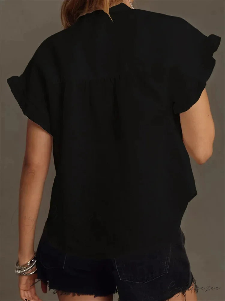 Solid Tone Ruffle Short Sleeve Shirt blouse-250223