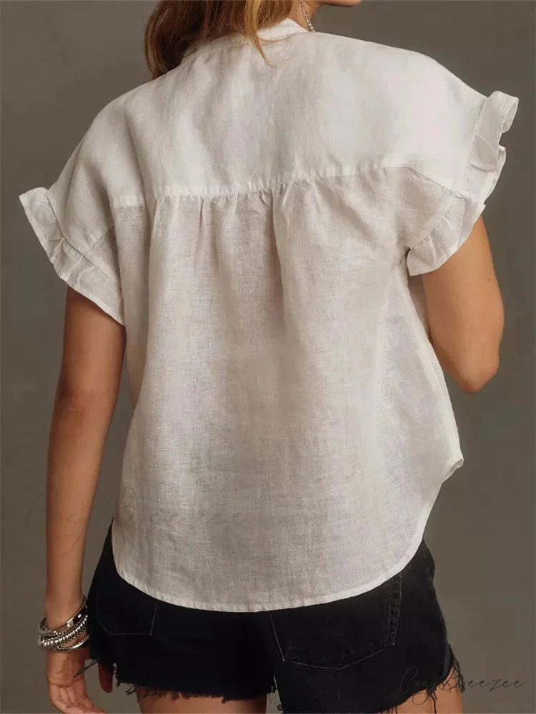 Solid Tone Ruffle Short Sleeve Shirt blouse-250223