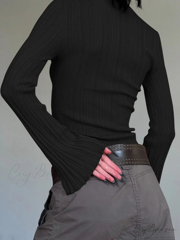 Solid Turtleneck Slim Flare Sleeve Long Sleeve Knit Top knittop-250126
