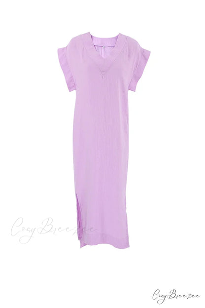 Solid V Neck Cotton Dress with Side Slit