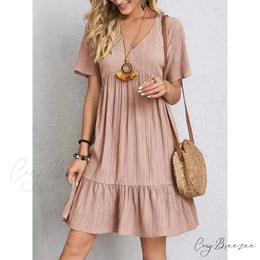 Solid V-Neck Short Sleeve Ruffles Boho Dress