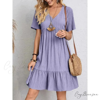 Solid V-Neck Short Sleeve Ruffles Boho Dress